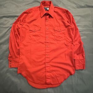 Vintage 80s Wrangler Shirt Men’s 15.5 Pearl Snap Long Tails Red Western USA